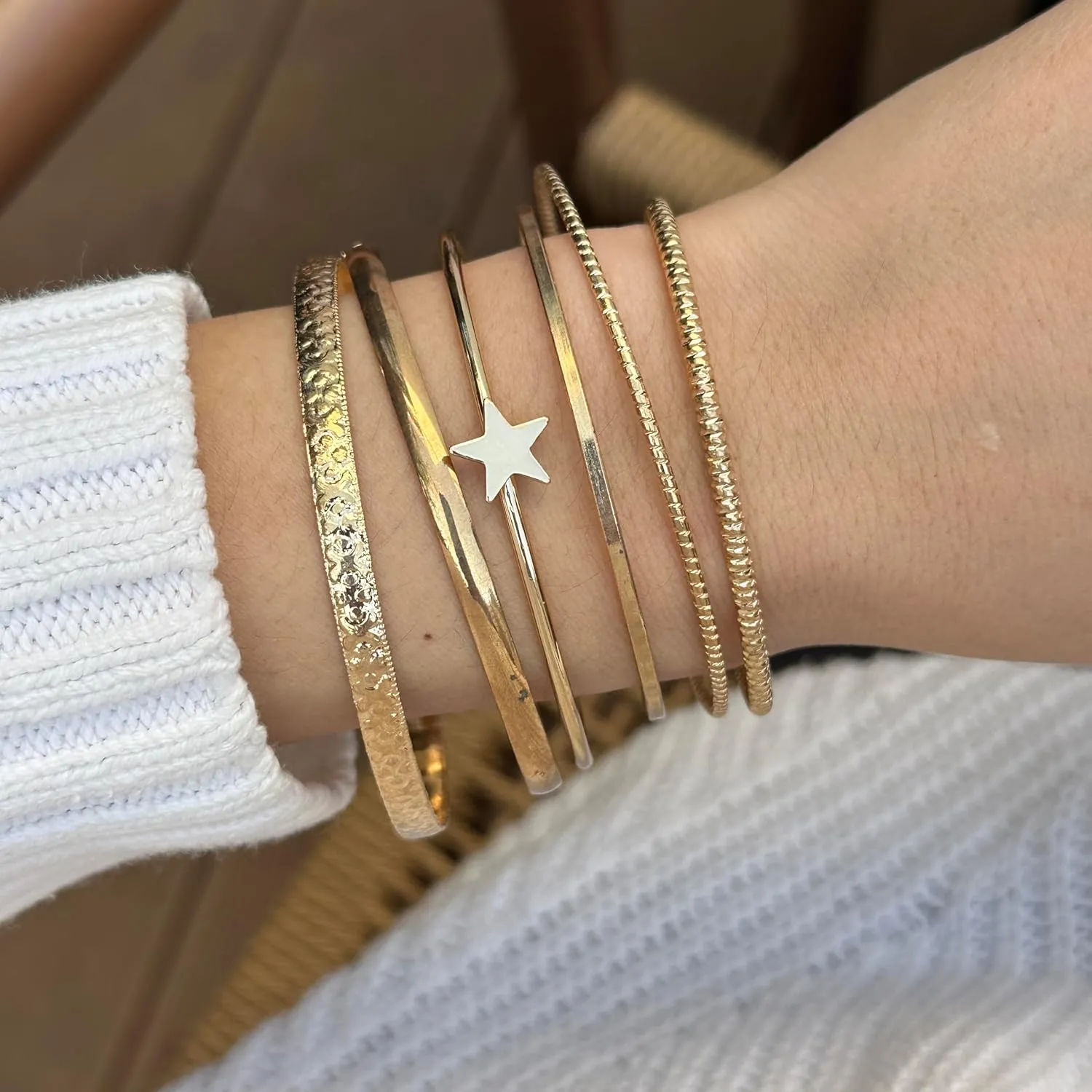 RINHOO Gold Bangle Bracelets for Women Chunky Multi Layer Stackable Cuff Bracelet Set Adjustable Cute Bangle Bracelet Set
