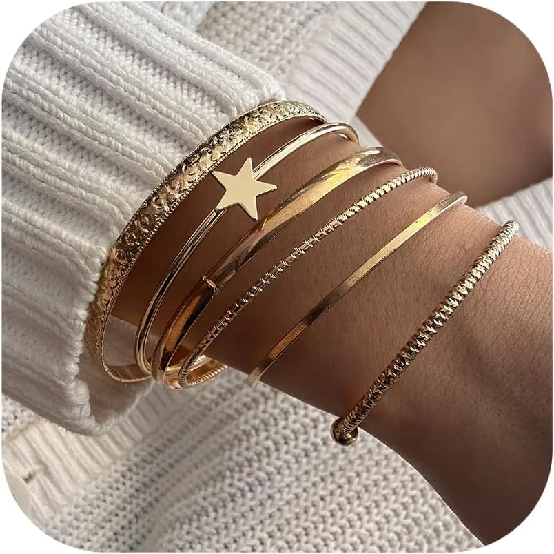 RINHOO Gold Bangle Bracelets for Women Chunky Multi Layer Stackable Cuff Bracelet Set Adjustable Cute Bangle Bracelet Set