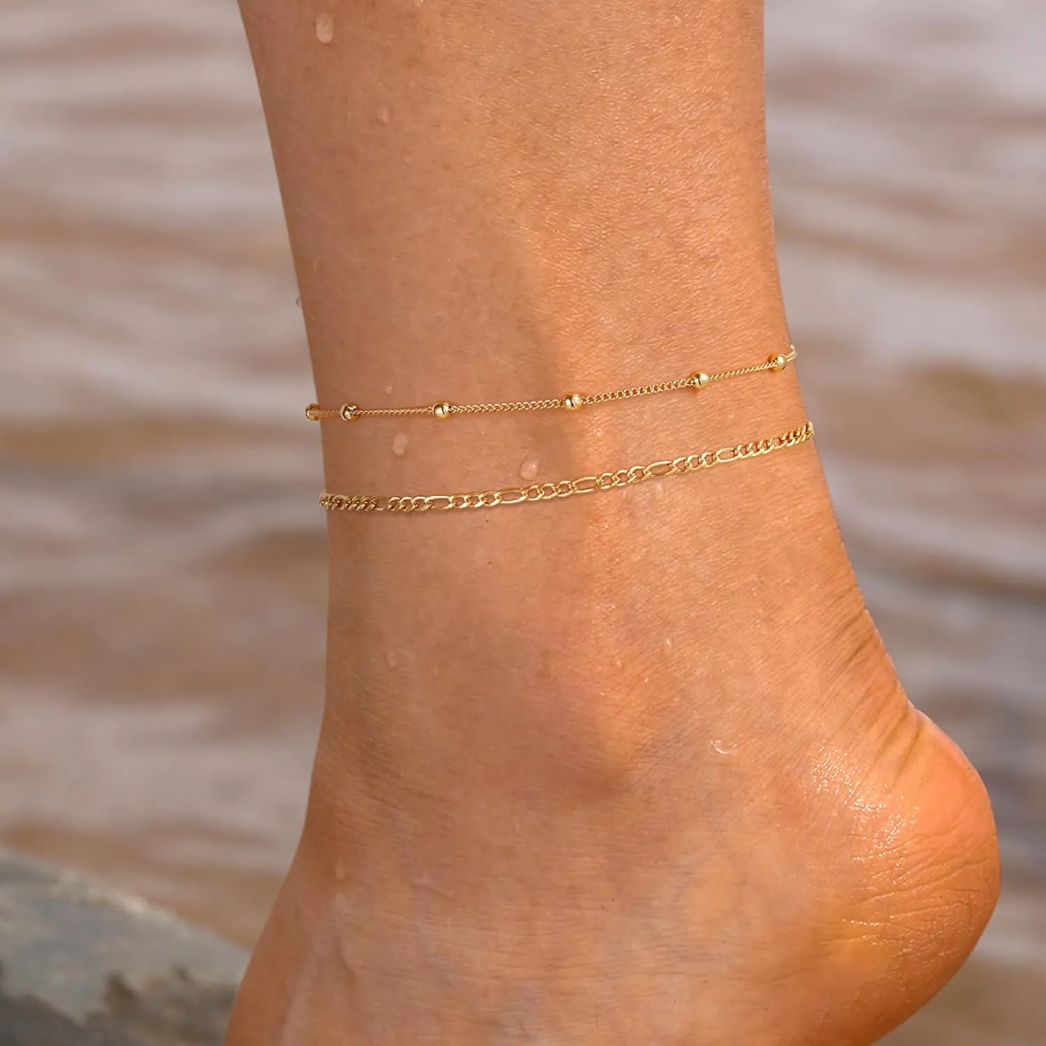 Ritach Ankle Bracelets for Women - Stainless Steel Silver/Gold Anklets for Women Waterproof Layered Cuban Link Figaro Chain Heart Anklets Set Summer Beach Jewelry Gifts