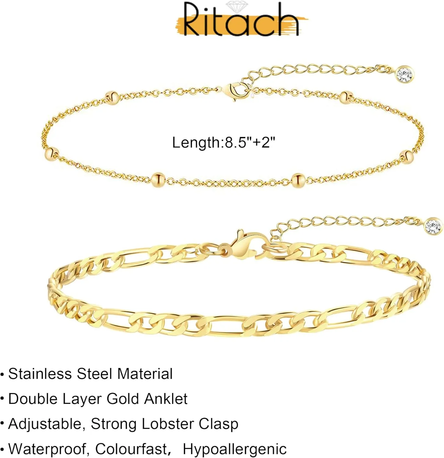 Ritach Ankle Bracelets for Women - Stainless Steel Silver/Gold Anklets for Women Waterproof Layered Cuban Link Figaro Chain Heart Anklets Set Summer Beach Jewelry Gifts