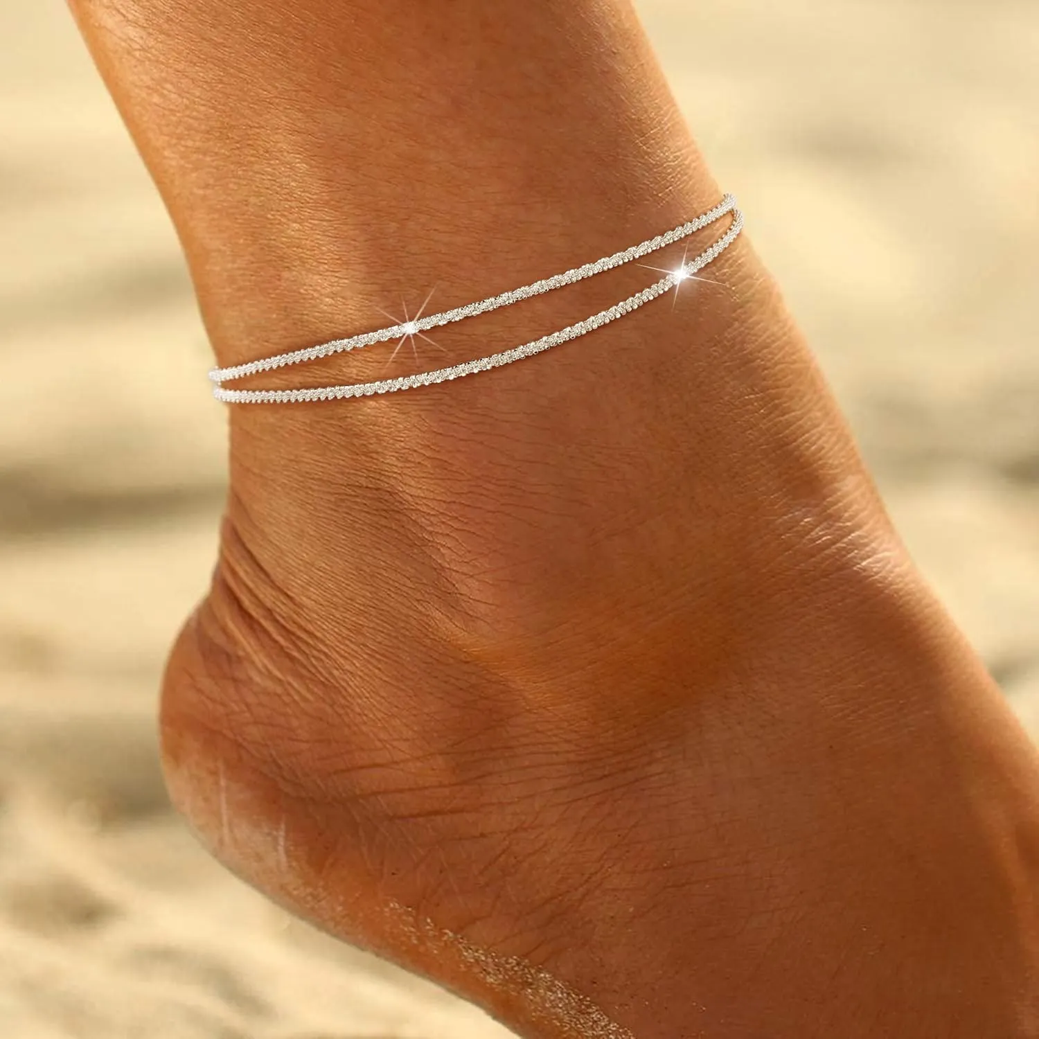 Ritach Ankle Bracelets for Women - Stainless Steel Silver/Gold Anklets for Women Waterproof Layered Cuban Link Figaro Chain Heart Anklets Set Summer Beach Jewelry Gifts