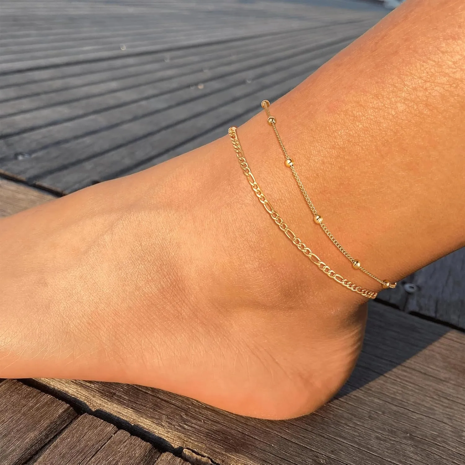 Ritach Ankle Bracelets for Women - Stainless Steel Silver/Gold Anklets for Women Waterproof Layered Cuban Link Figaro Chain Heart Anklets Set Summer Beach Jewelry Gifts