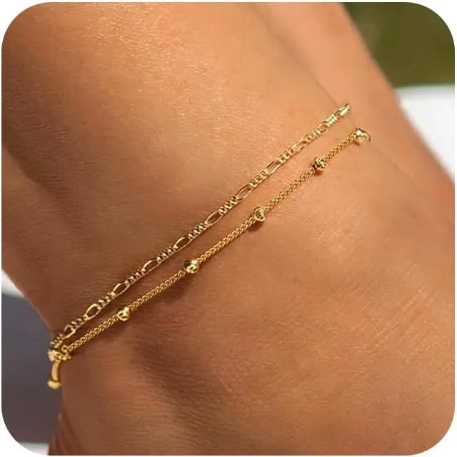 Ritach Ankle Bracelets for Women - Stainless Steel Silver/Gold Anklets for Women Waterproof Layered Cuban Link Figaro Chain Heart Anklets Set Summer Beach Jewelry Gifts