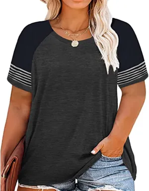 RITERA Plus Size Tops for Women Short Sleeve Raglan Tunic Casual Colorblock Shirts Oversized Crewneck Henley Shirts