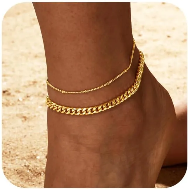 RLMOON Ankle Bracelets for Women Gold Anklets Waterproof Layered Dainty 14K Gold Plated Cuban Link Chain Anklets Boho Summer Beach Foot Jewelry Gift