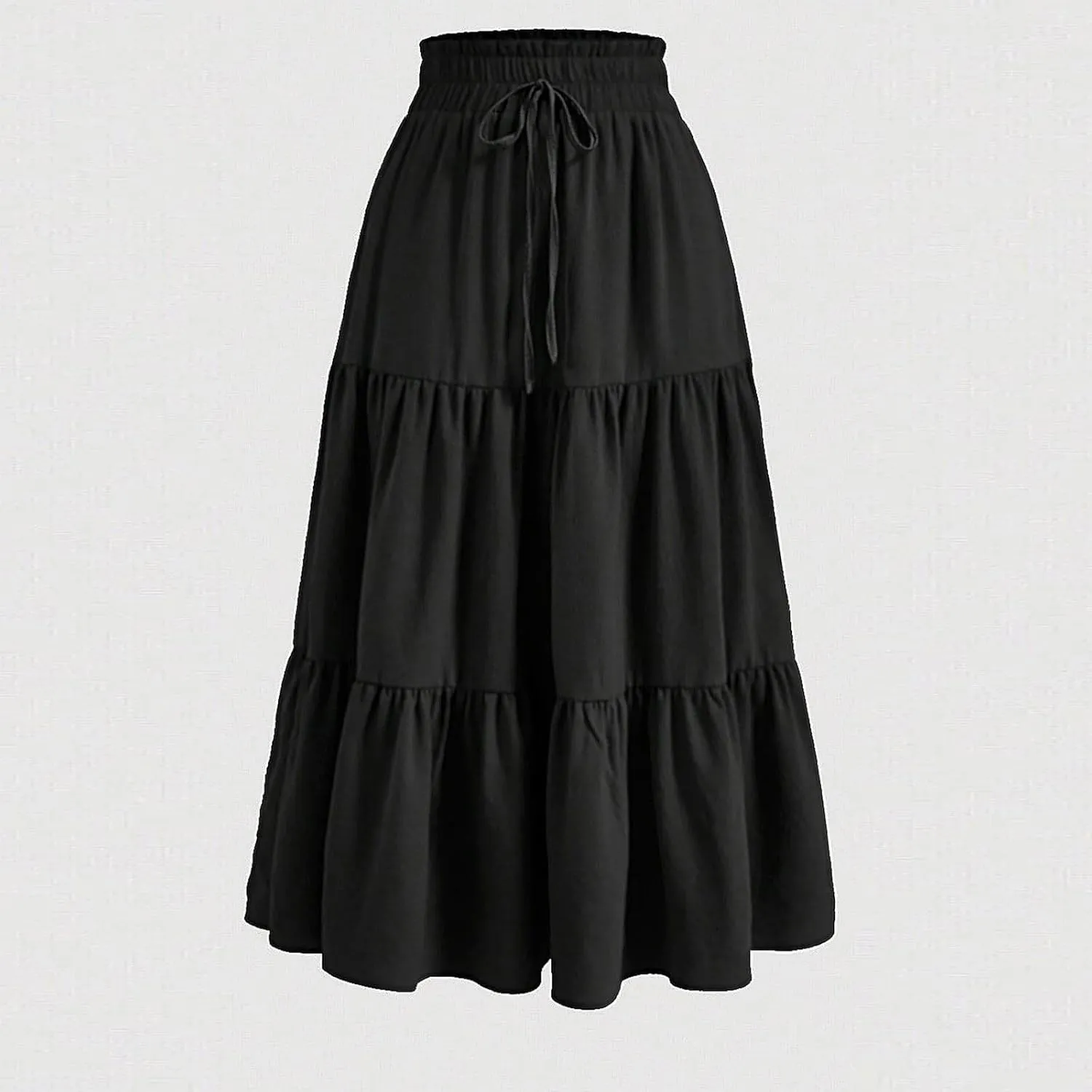Ruffle Tiered Maxi Skirts for Women Summer Solid Elastic Waisted Skirt Casual Loose Fit Comfy Skirts with Drawstring