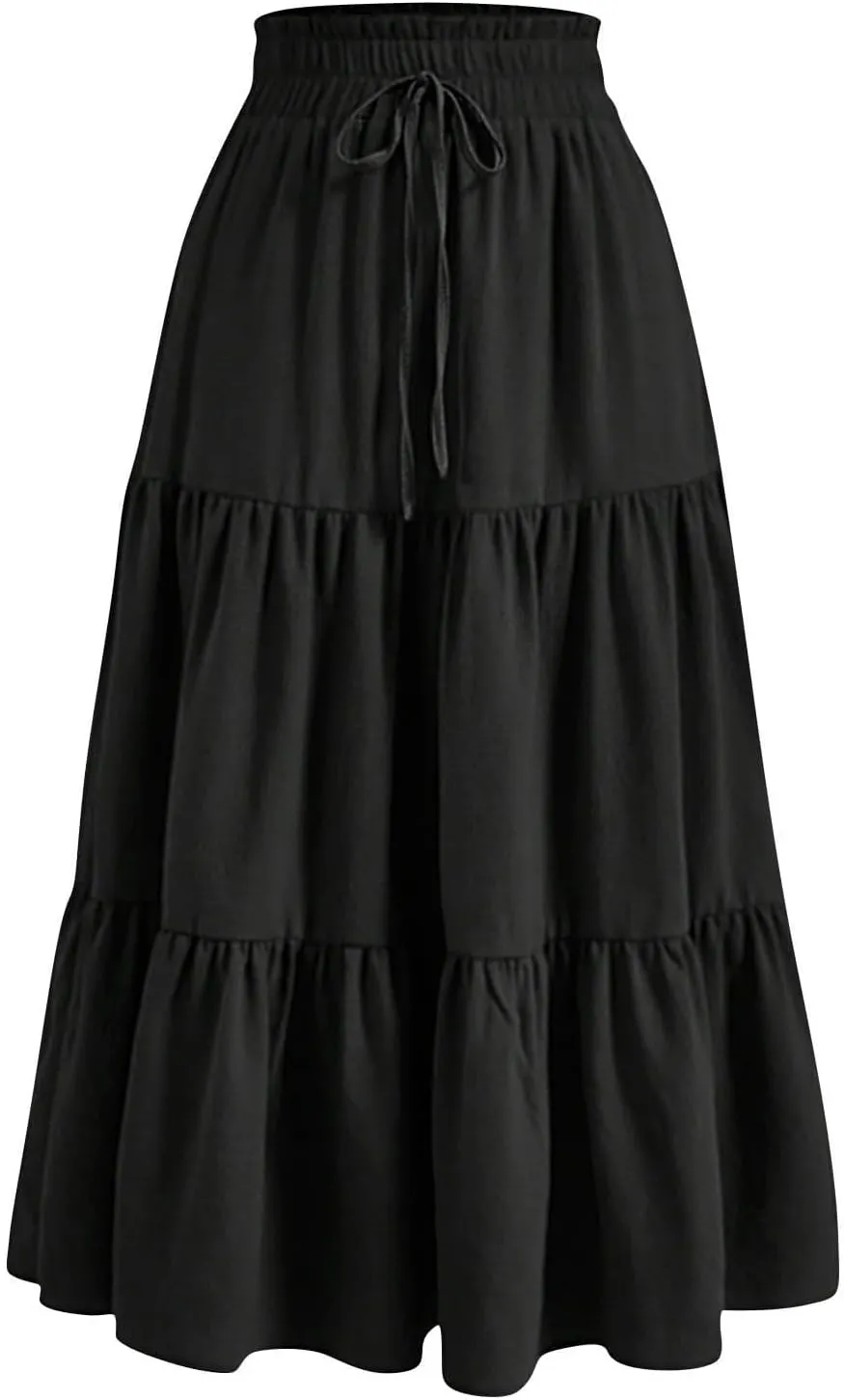 Ruffle Tiered Maxi Skirts for Women Summer Solid Elastic Waisted Skirt Casual Loose Fit Comfy Skirts with Drawstring