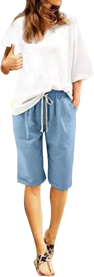 Rvidbe Cotton Linen Shorts for Women Knee Length Women's Loose Fit Bermuda Shorts Elastic Waist Casual Summer Shorts Pants