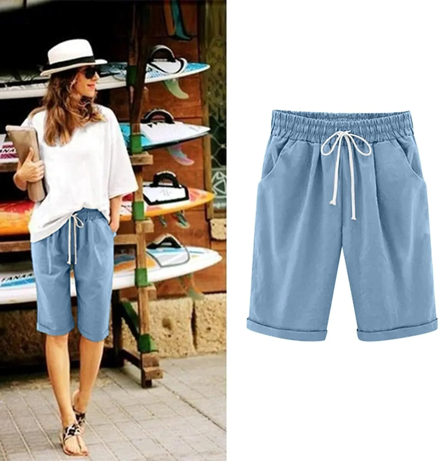 Rvidbe Cotton Linen Shorts for Women Knee Length Women's Loose Fit Bermuda Shorts Elastic Waist Casual Summer Shorts Pants