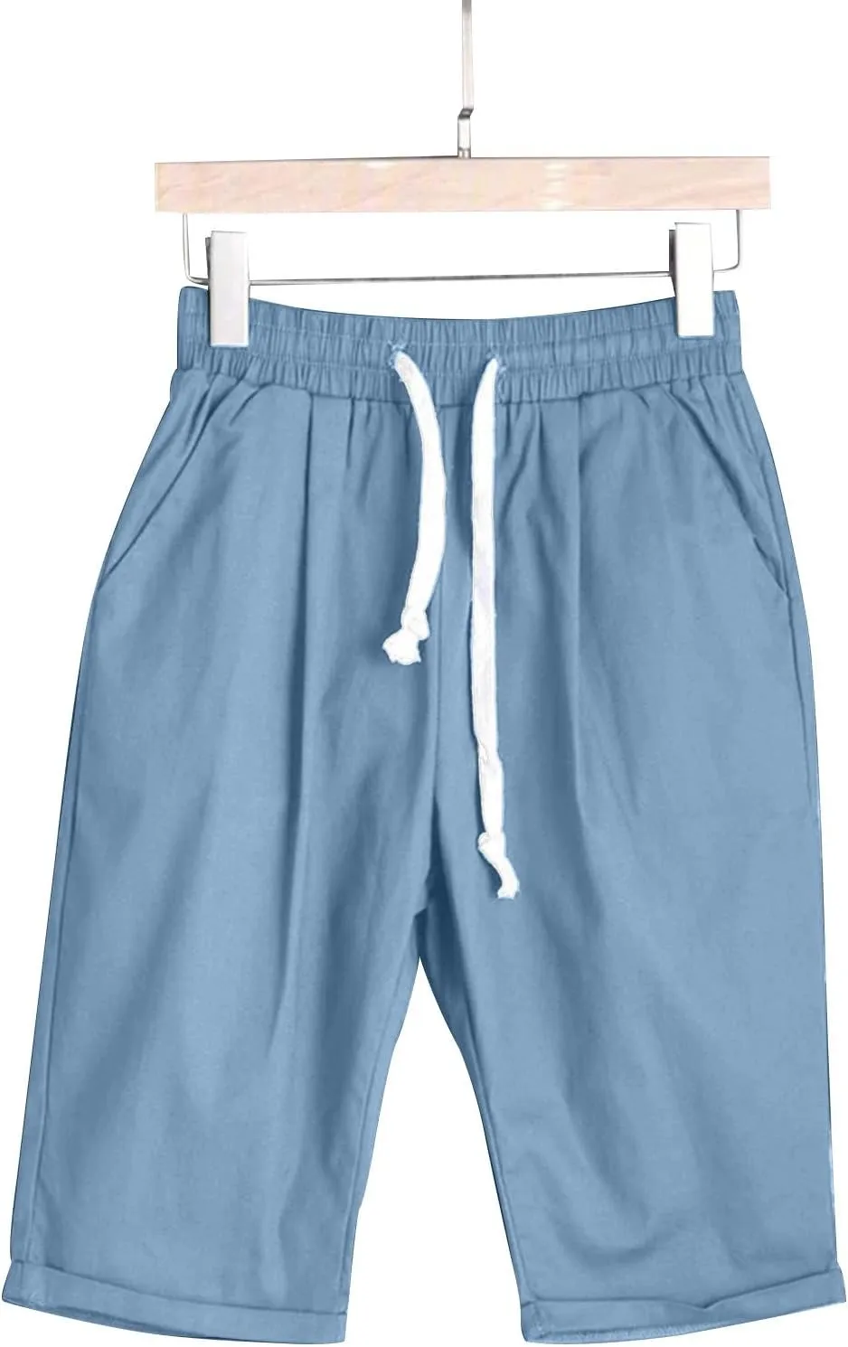 Rvidbe Cotton Linen Shorts for Women Knee Length Women's Loose Fit Bermuda Shorts Elastic Waist Casual Summer Shorts Pants