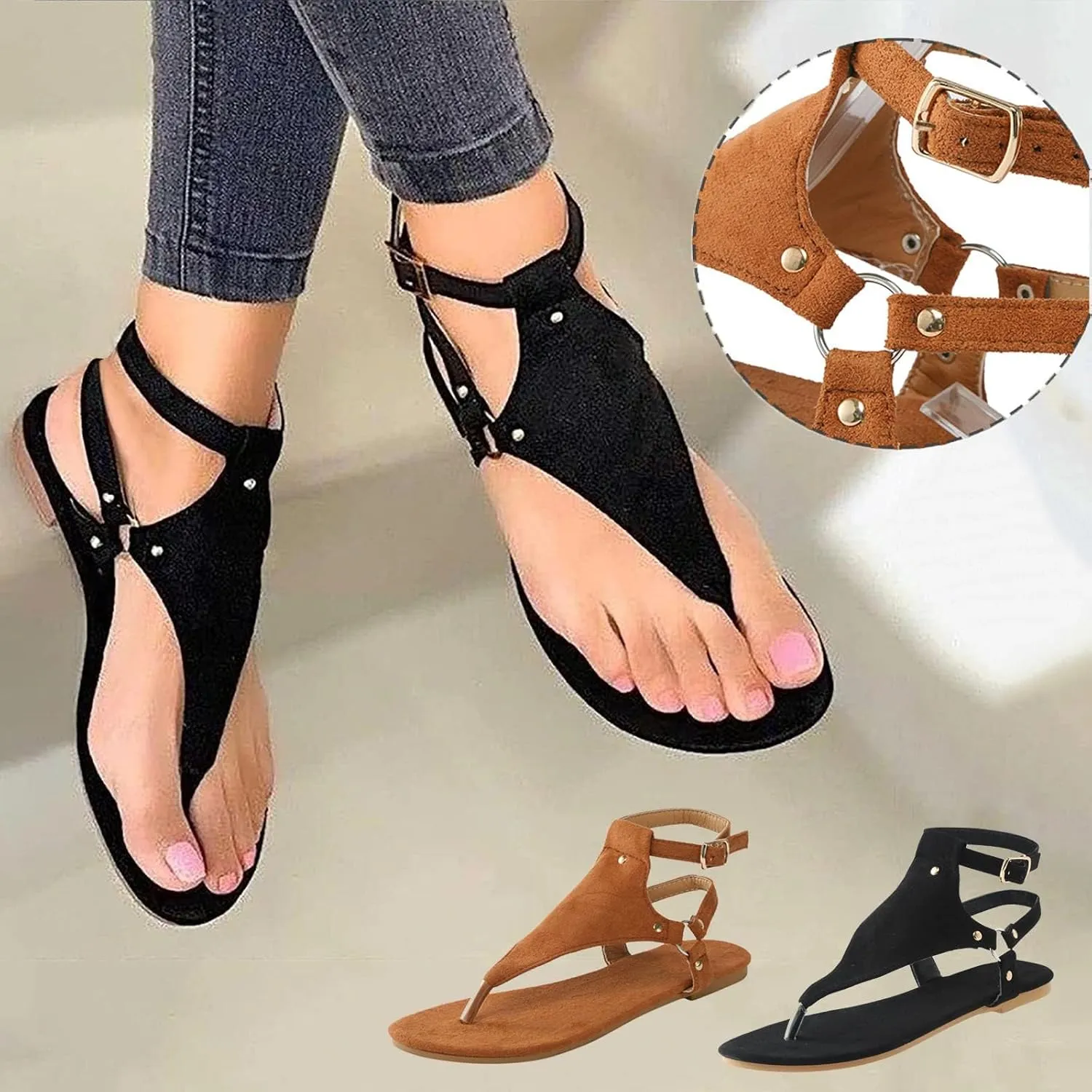 Sandals for Women Dressy Summer, Toe Ring Thong Sandals Lightweight, Hoop and Loop Flat Flip Flops, Summer Hollow Out Shoes, Comfortable Casual Flats 2025 Fashion Trends