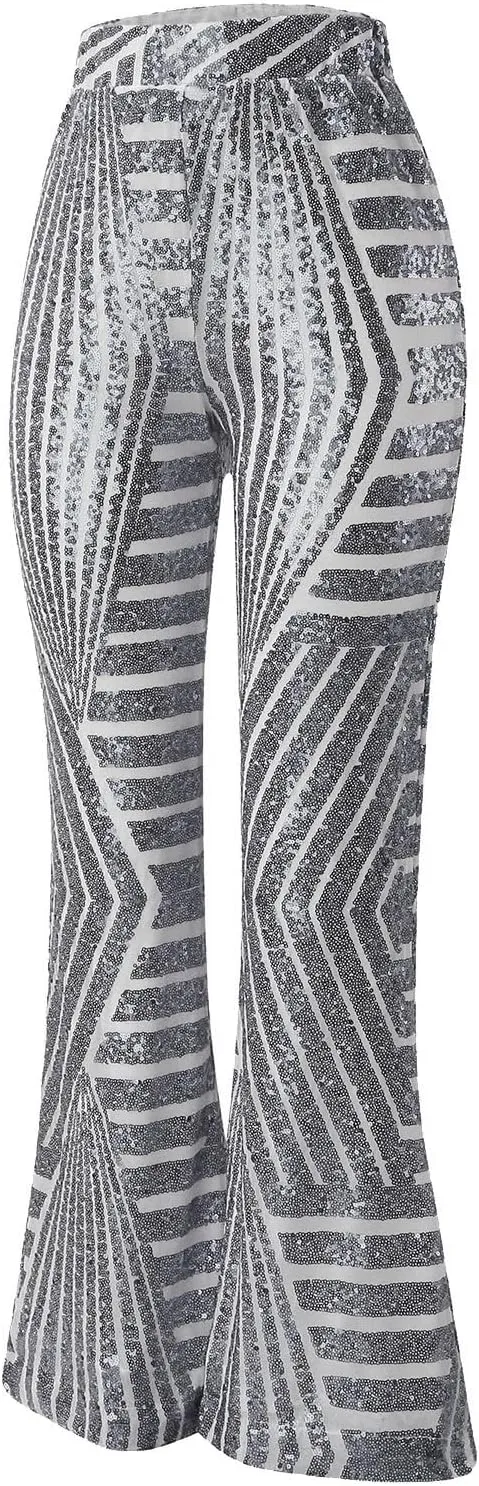 Sequin Pants for Women Women Sequins Wide Leg Pants Fashion Shiny Hight Waist Flared Trousers Dance Long Pants New
