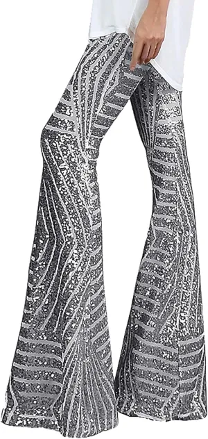 Sequin Pants for Women Women Sequins Wide Leg Pants Fashion Shiny Hight Waist Flared Trousers Dance Long Pants New