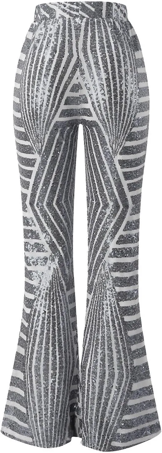 Sequin Pants for Women Women Sequins Wide Leg Pants Fashion Shiny Hight Waist Flared Trousers Dance Long Pants New