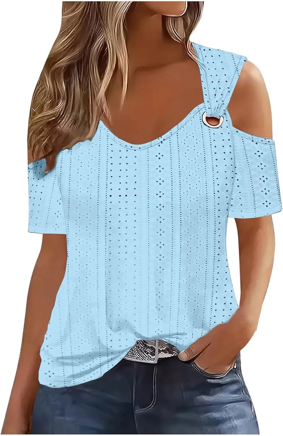 Sexy Clod Sholuder Tops for Women 2025 Summer Hollow Out Eyelet Short Sleeve T Shirts Going Out Blouses Ladies Tunic