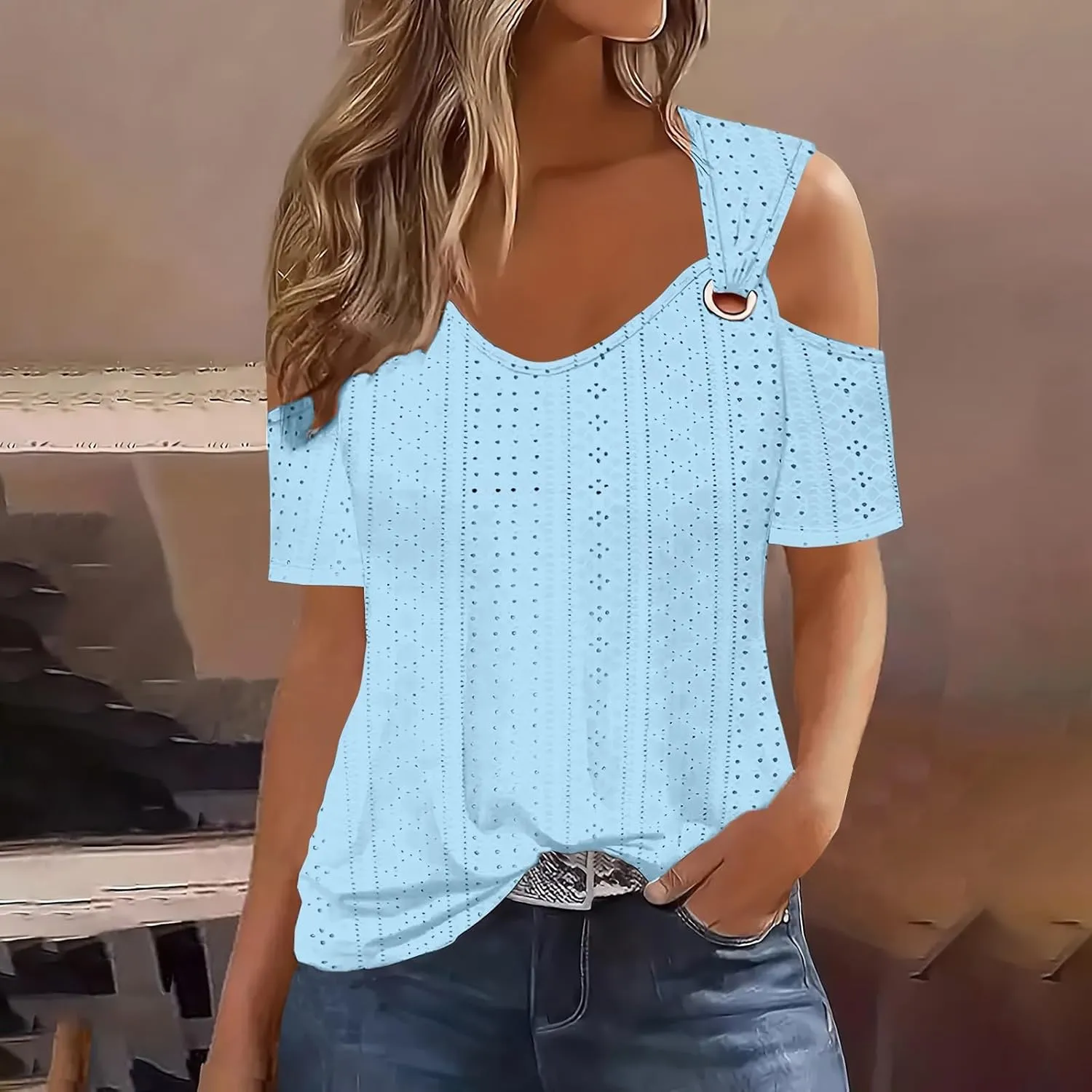 Sexy Clod Sholuder Tops for Women 2025 Summer Hollow Out Eyelet Short Sleeve T Shirts Going Out Blouses Ladies Tunic