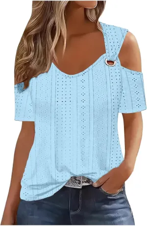 Sexy Clod Sholuder Tops for Women 2025 Summer Hollow Out Eyelet Short Sleeve T Shirts Going Out Blouses Ladies Tunic