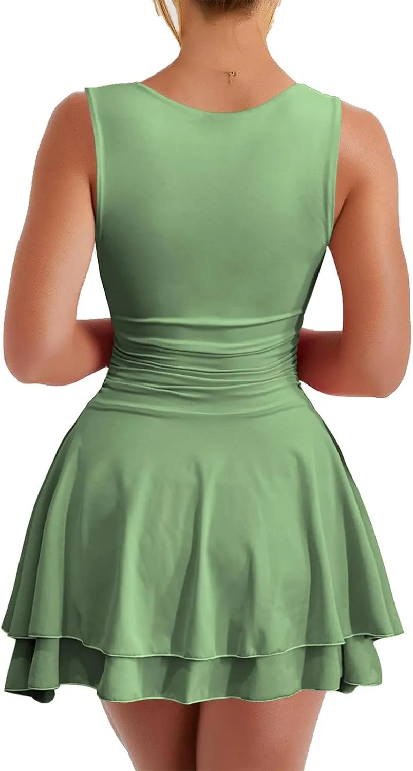 Sexy Dresses for Women 2025 Sleeveless Low Cut Corset Dress Ruffle Hem Boat Neck Mini Dress Party Club Dresses