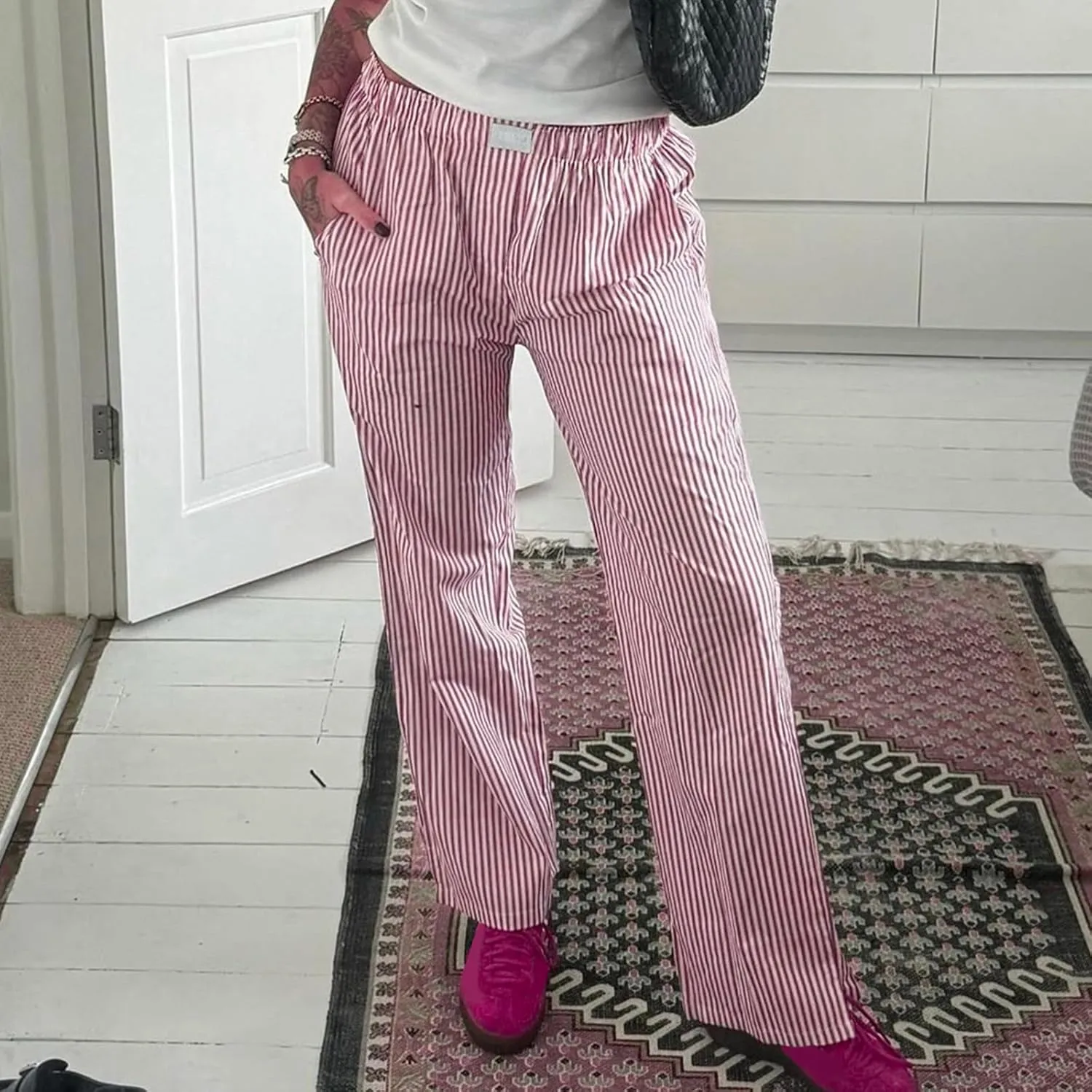 Seyurigaoka Y2K Striped Pajamas Pants for Women Cute Wide Leg Pinstripe Sleep Pj Bottoms Preppy Lounge Pants Trousers