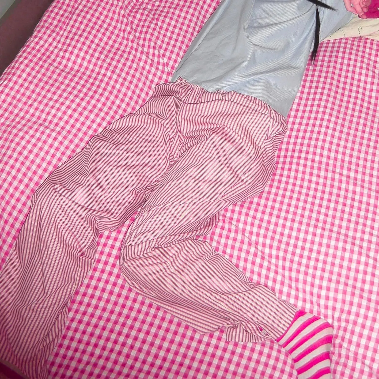 Seyurigaoka Y2K Striped Pajamas Pants for Women Cute Wide Leg Pinstripe Sleep Pj Bottoms Preppy Lounge Pants Trousers