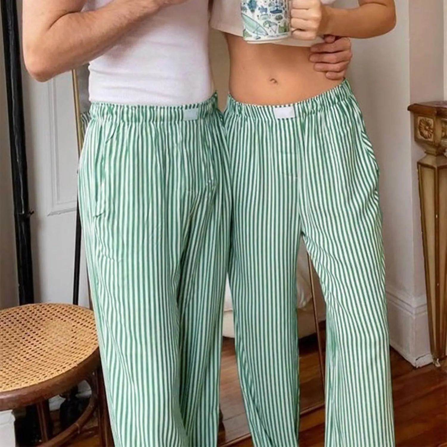 Seyurigaoka Y2K Striped Pajamas Pants for Women Cute Wide Leg Pinstripe Sleep Pj Bottoms Preppy Lounge Pants Trousers