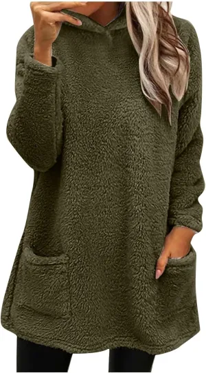 Sherpa Hoodie Dress for Women Cute Fuzzy Long Sleeve Sweatshirt Dress Casual Fall Mini Sweater Dress with Pockets