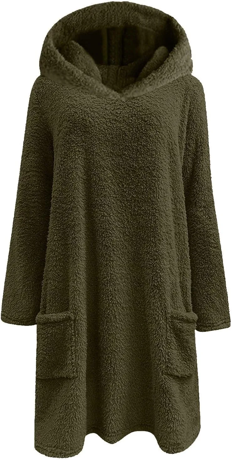 Sherpa Hoodie Dress for Women Cute Fuzzy Long Sleeve Sweatshirt Dress Casual Fall Mini Sweater Dress with Pockets