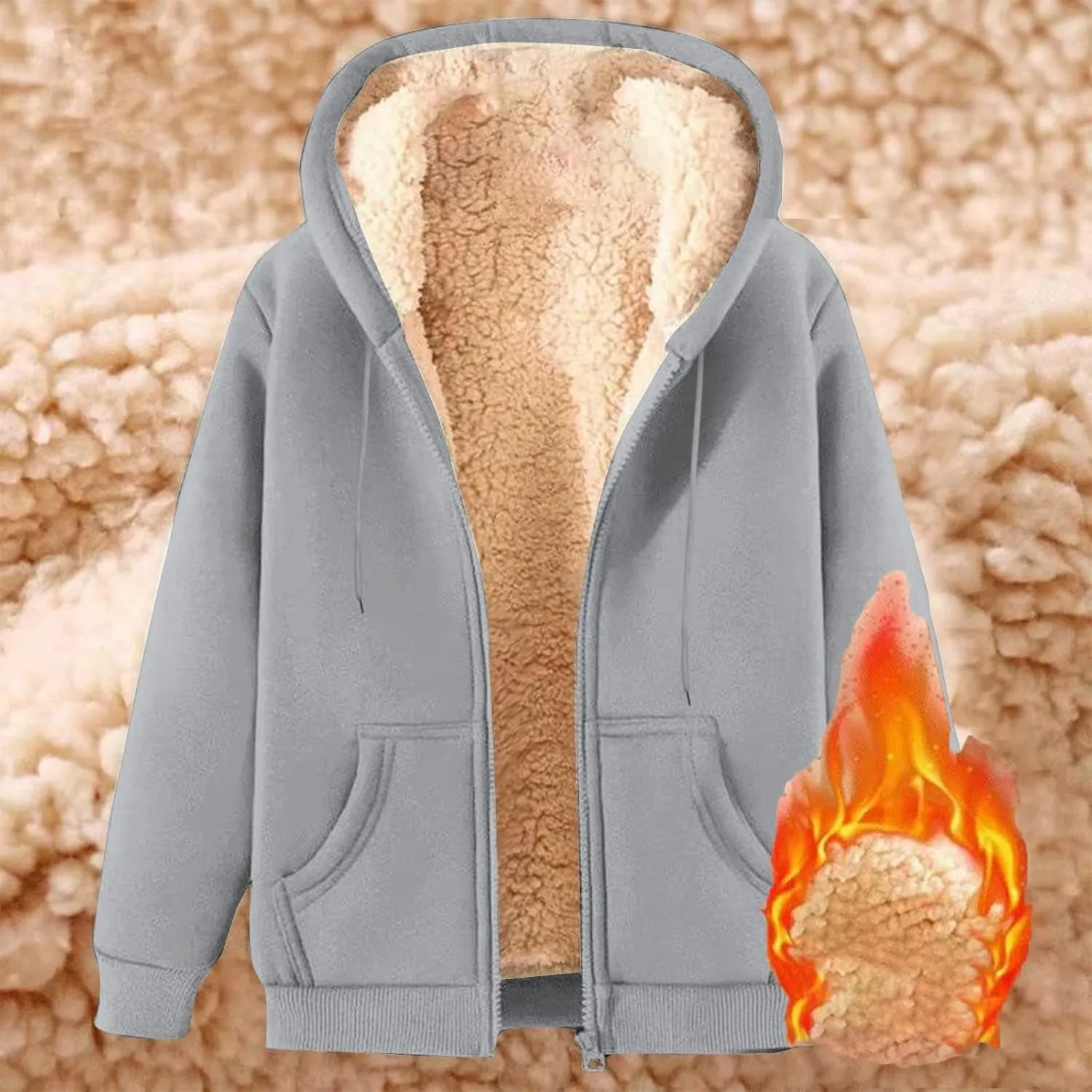 Sherpa Lined Jackets for Men Zip Up Hoodies Casual Oversized Fleece Jacket Trendy Y2K Hoodie Warm Winter Coat Pocket