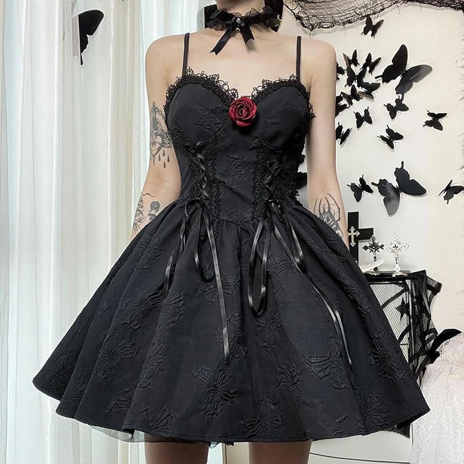 SHOPESSA Women's Gothic Dress Sleeveless Irregular Halloween Ruffle Steampunk Mini Dress Lace Up Masquerade Costume Dresses