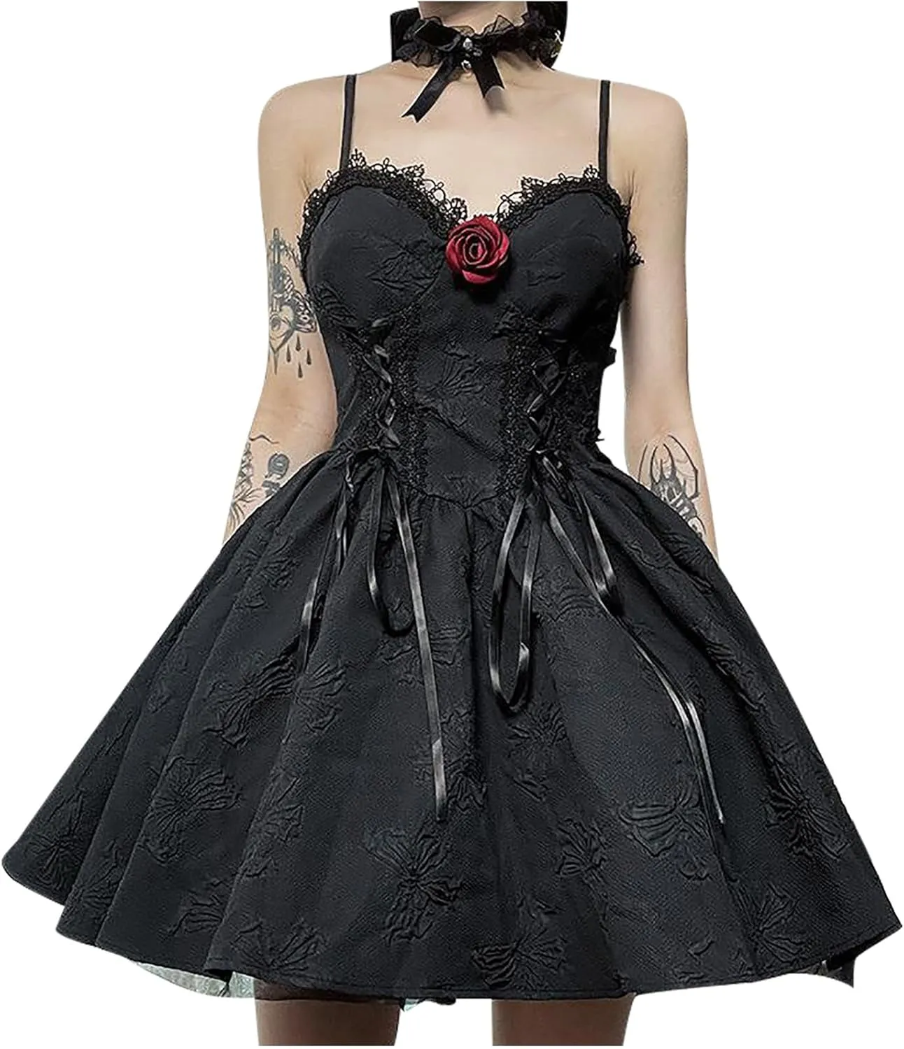 SHOPESSA Women's Gothic Dress Sleeveless Irregular Halloween Ruffle Steampunk Mini Dress Lace Up Masquerade Costume Dresses