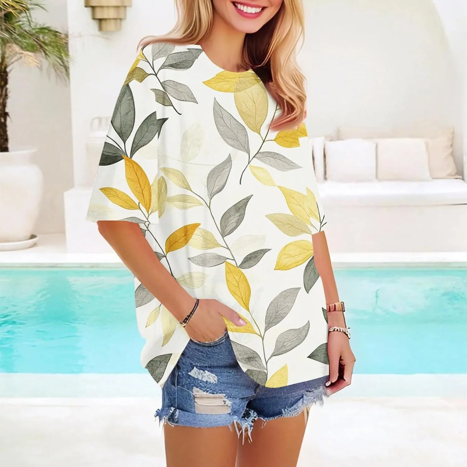 Short Sleeve Hawaiian Shirts Floral Tropic Printed Pleated Crew Neck Summer Casual T-Shirt Trendy Boho Blouses Tops