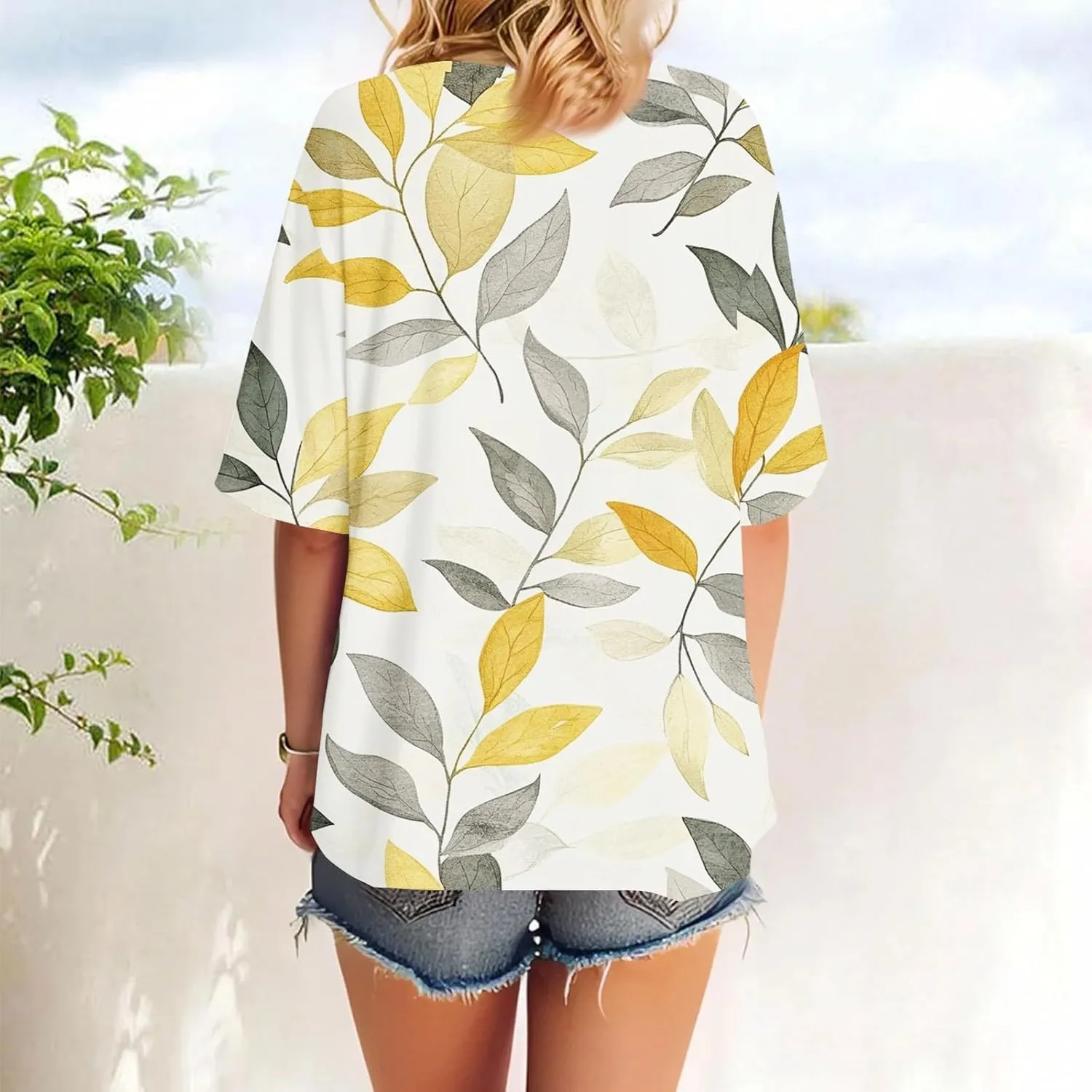 Short Sleeve Hawaiian Shirts Floral Tropic Printed Pleated Crew Neck Summer Casual T-Shirt Trendy Boho Blouses Tops