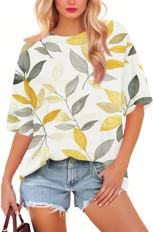 Short Sleeve Hawaiian Shirts Floral Tropic Printed Pleated Crew Neck Summer Casual T-Shirt Trendy Boho Blouses Tops