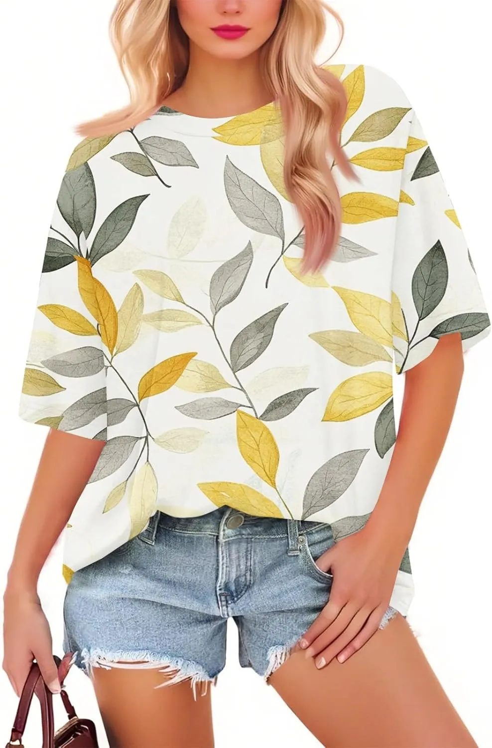 Short Sleeve Hawaiian Shirts Floral Tropic Printed Pleated Crew Neck Summer Casual T-Shirt Trendy Boho Blouses Tops