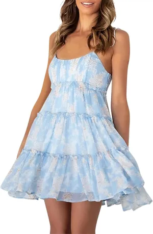 Short Sundresses for Women 2025 Summer Spaghetti Strap Backless Ditsy Floral Dress Summer Tiered Ruffle Mini Dress