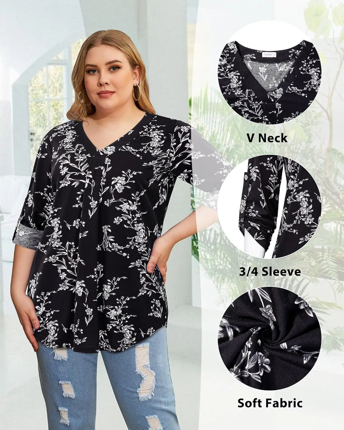 Siddhe Plus Size Tops for Women 3/4 Sleeve Shirts V Neck Blouses Tunic Top Spring Summer 2025