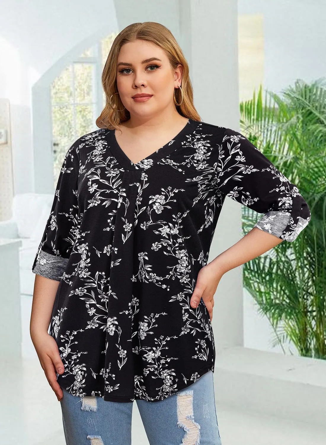 Siddhe Plus Size Tops for Women 3/4 Sleeve Shirts V Neck Blouses Tunic Top Spring Summer 2025