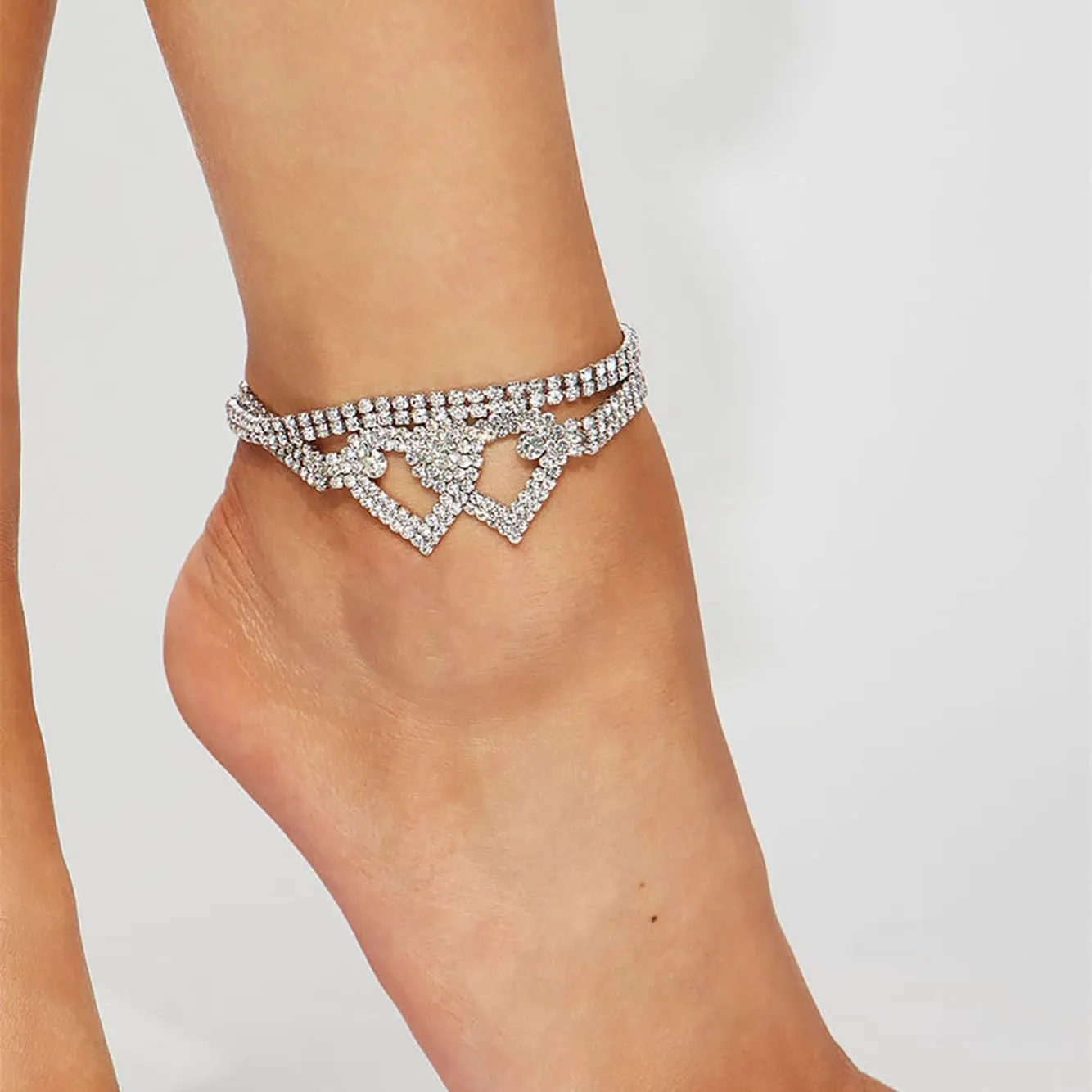 Silver Full Rhinestone Love Heart Anklets, Adjustable Double Layer Statement Anklets, Fashionable Beach Vacation Jewelry Gifts for Women