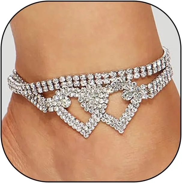 Silver Full Rhinestone Love Heart Anklets, Adjustable Double Layer Statement Anklets, Fashionable Beach Vacation Jewelry Gifts for Women