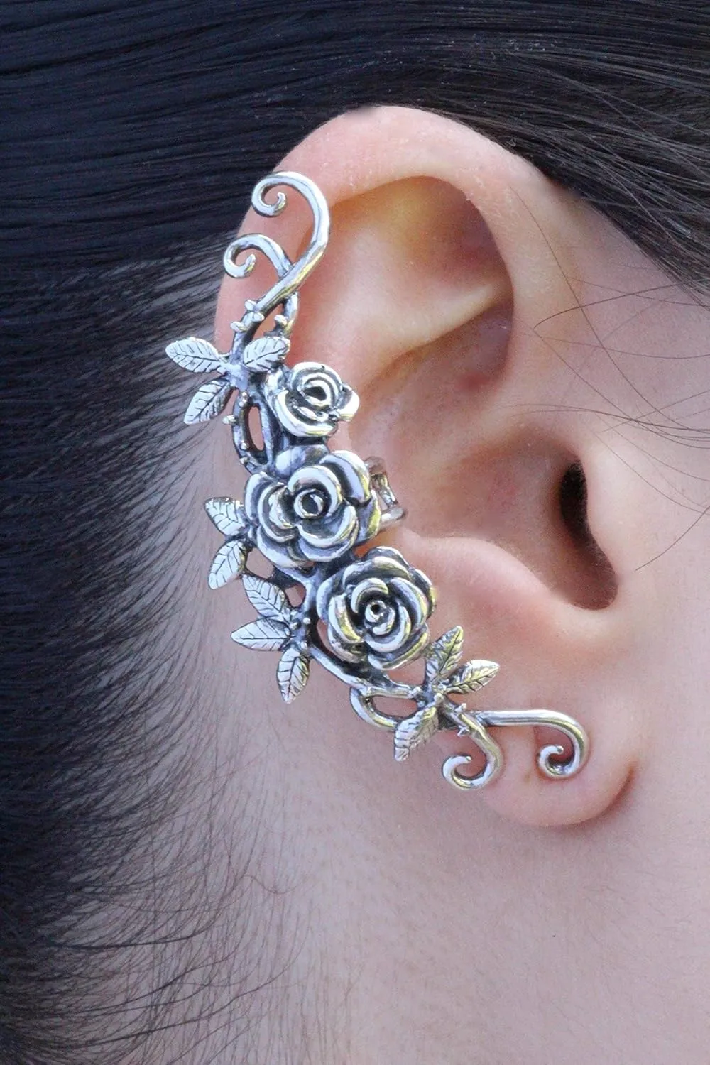 Silver Roses Tendril Ear Cuff Floral Flower Botanical Jewelry