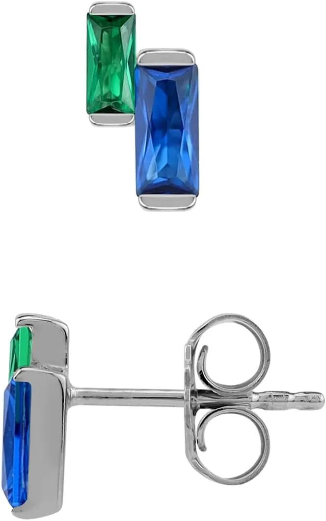 Silvershake Petite White Gold Plated or Yellow Gold Plated 925 Sterling Silver Minimalist Twin Baguette Shape Geometric Casual Stud Post Gemstone Earrings Jewelry for Women