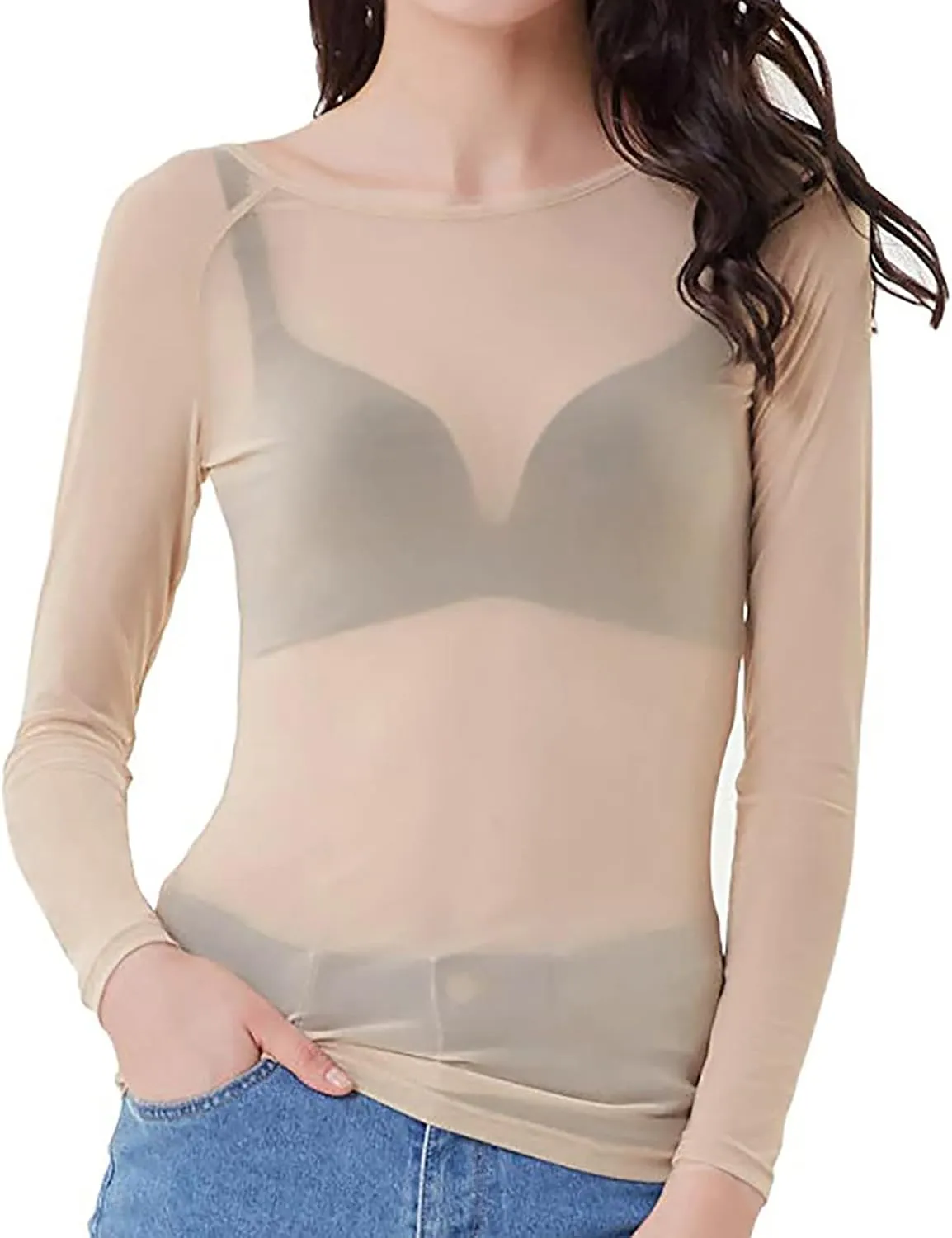 Sinzelimin Women Mesh Gauze Blouse Tops Ladies' Seamless See-Through Long Sleeve Arm Shaper Pullovers Shirt Blouse Tops
