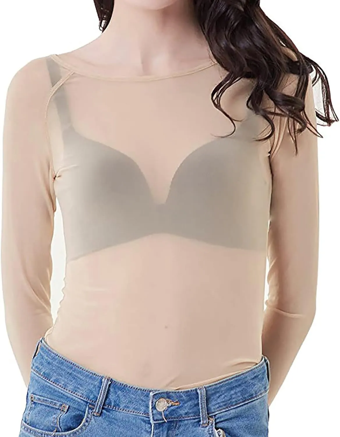 Sinzelimin Women Mesh Gauze Blouse Tops Ladies' Seamless See-Through Long Sleeve Arm Shaper Pullovers Shirt Blouse Tops