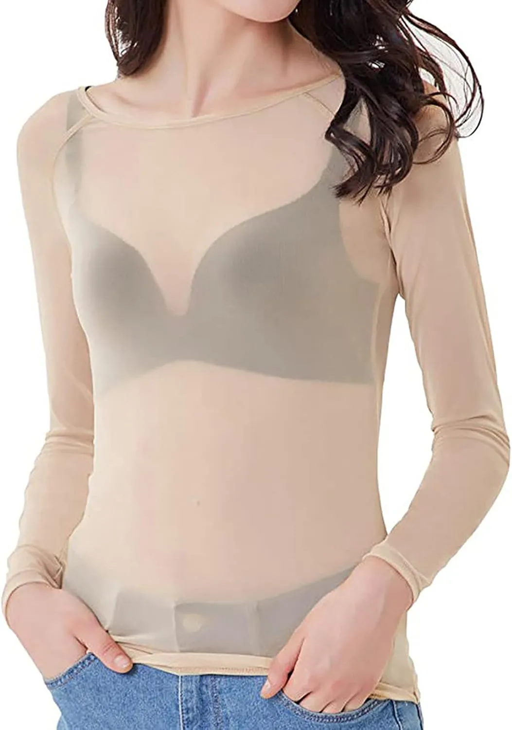 Sinzelimin Women Mesh Gauze Blouse Tops Ladies' Seamless See-Through Long Sleeve Arm Shaper Pullovers Shirt Blouse Tops