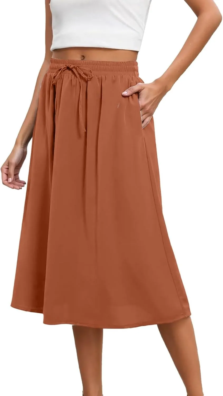 Skirts for Women Mid High Waisted Drawstring Casual Skirt Flowy Elastic Waist Baggy Elegant Trendy Skorts with Pockets