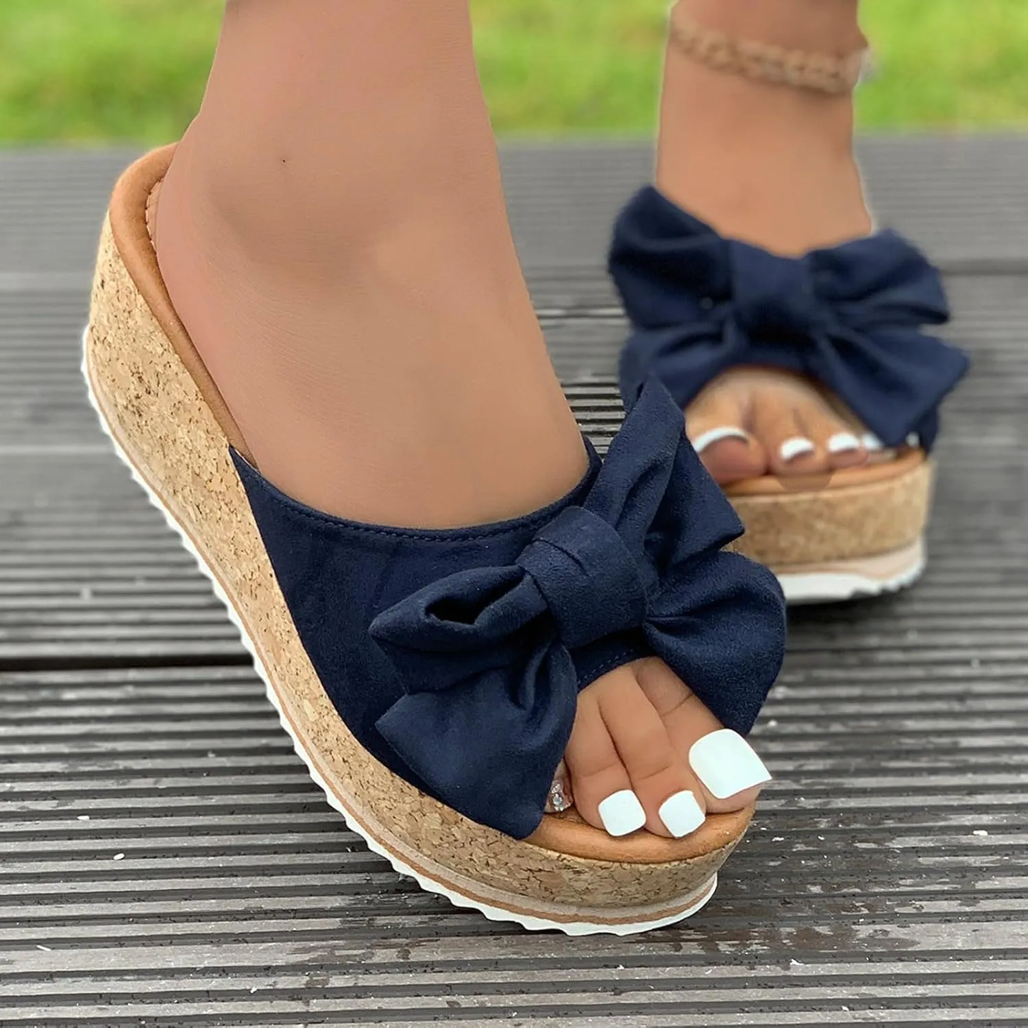 Slide Sandals for Women Plus Size Bow-Knot Platform Wedge Sandals Summer Dressy Outdoor Beach Sandal Comfortable Open Toe Non-Slip Walking Slippers