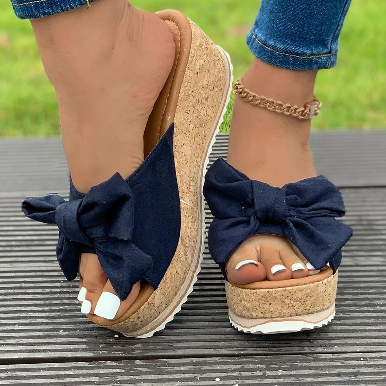 Slide Sandals for Women Plus Size Bow-Knot Platform Wedge Sandals Summer Dressy Outdoor Beach Sandal Comfortable Open Toe Non-Slip Walking Slippers