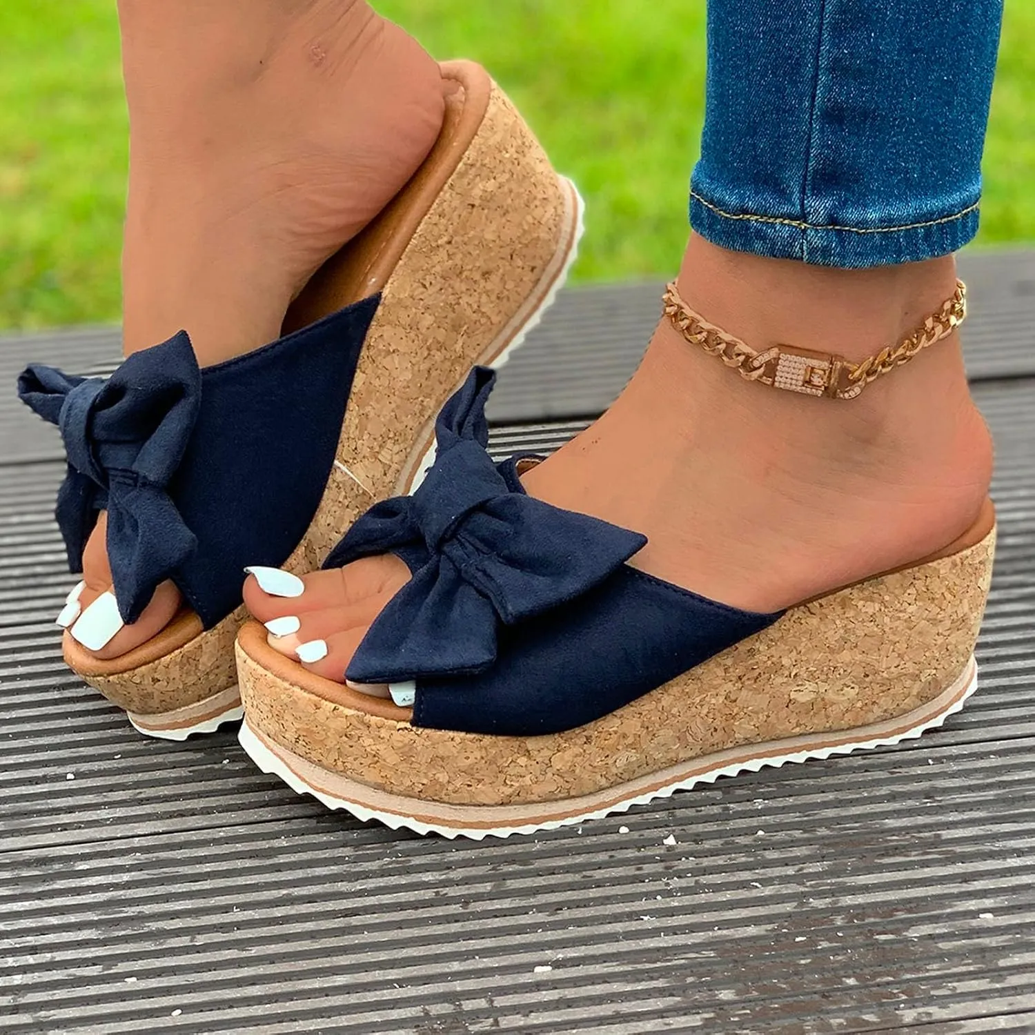 Slide Sandals for Women Plus Size Bow-Knot Platform Wedge Sandals Summer Dressy Outdoor Beach Sandal Comfortable Open Toe Non-Slip Walking Slippers