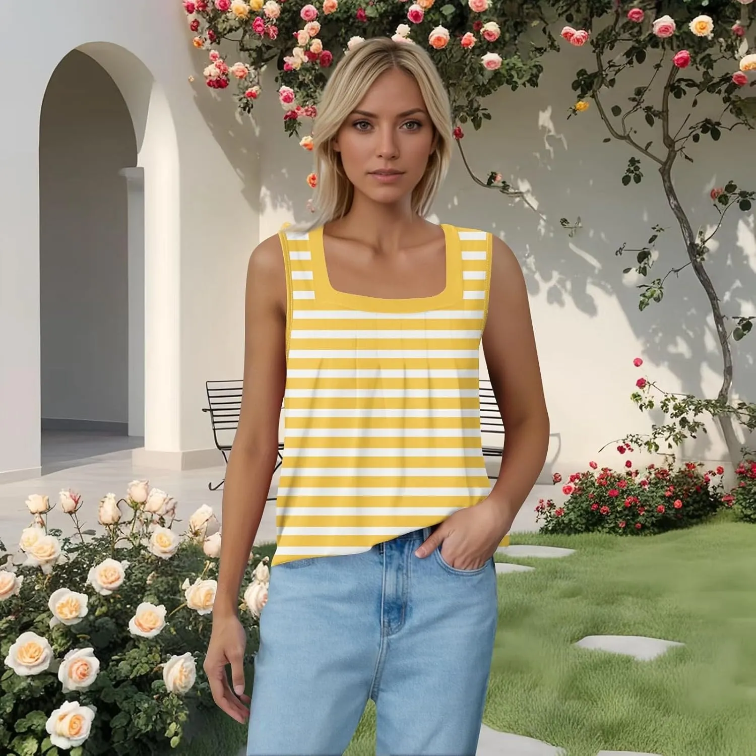 slqdgmryz Square Neck Tank Top Women Workout Loose Pleated Sleeveless Shirts Athletic Running Layering Casual Long Tank Tops
