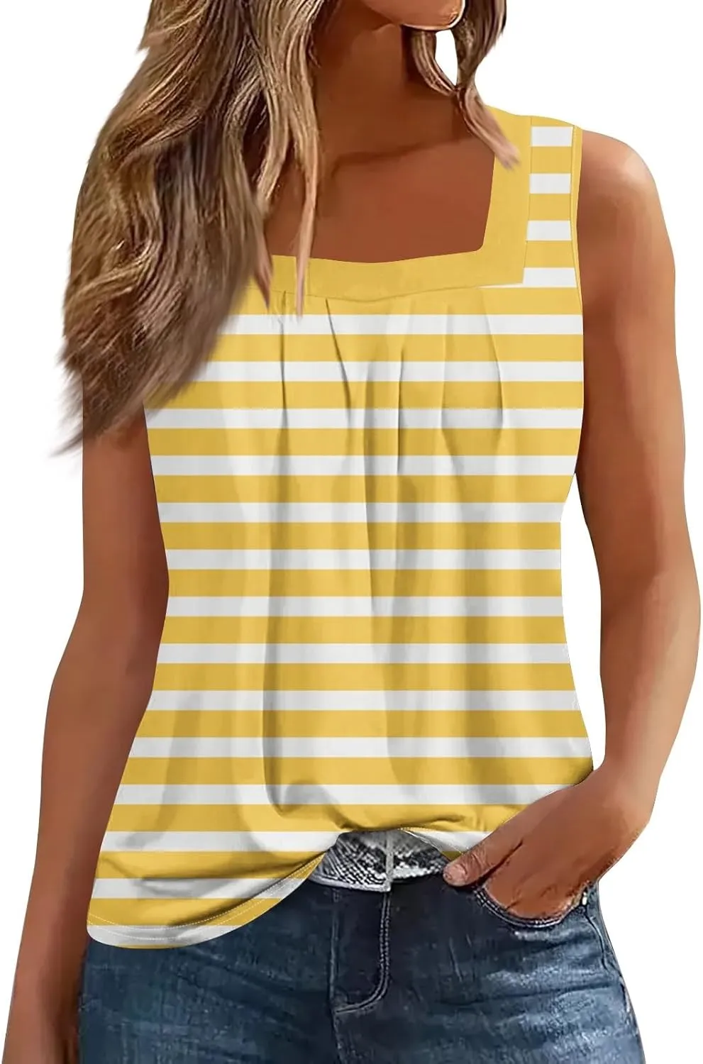 slqdgmryz Square Neck Tank Top Women Workout Loose Pleated Sleeveless Shirts Athletic Running Layering Casual Long Tank Tops